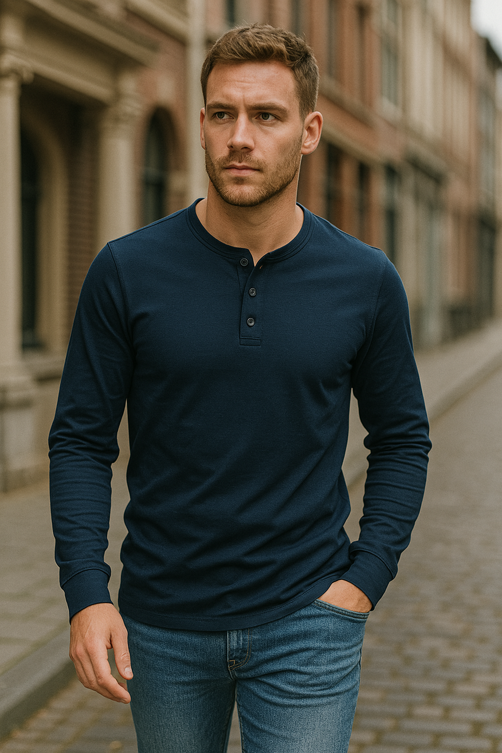 Classic Men's Cotton Henley Shirt with Long Sleeves