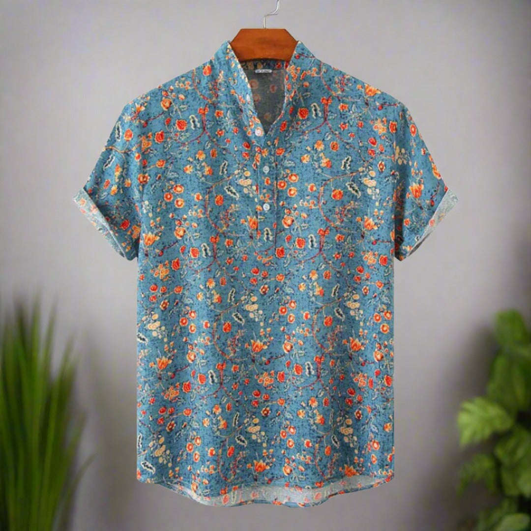Ethan | Men's Floral Mandarin Collar Short Sleeve Shirt