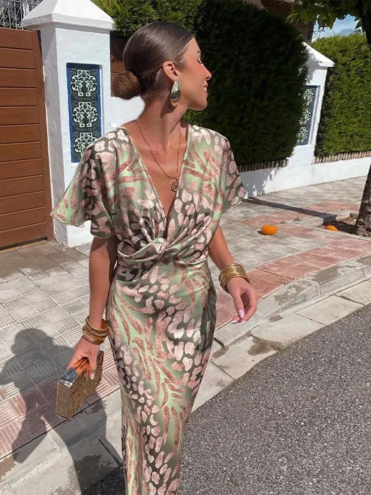 Aria | Floral V-Neck Pleated Midi Dress for Women