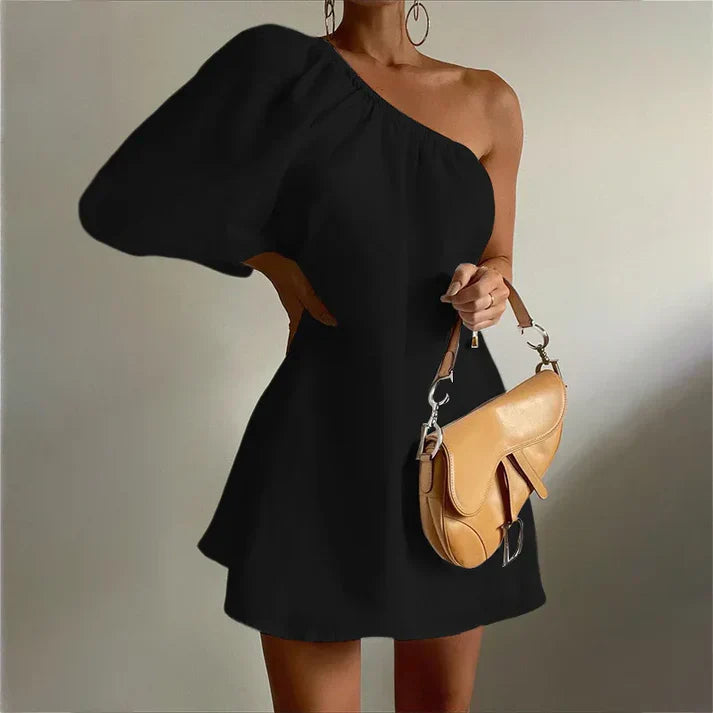 Women's Loose Slimming One-Shoulder Short Dress - Chic & Elegant