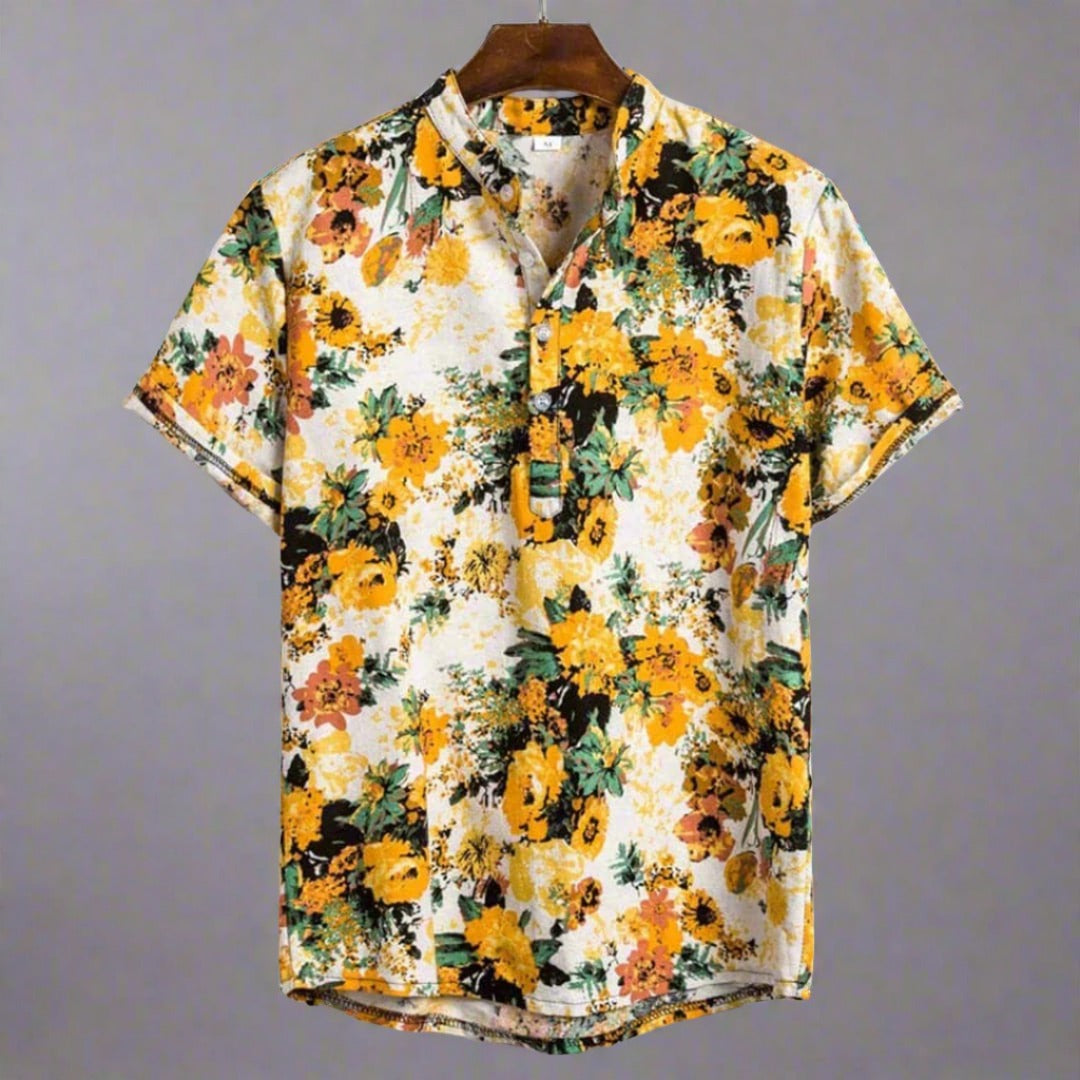 Ethan | Men's Floral Mandarin Collar Short Sleeve Shirt